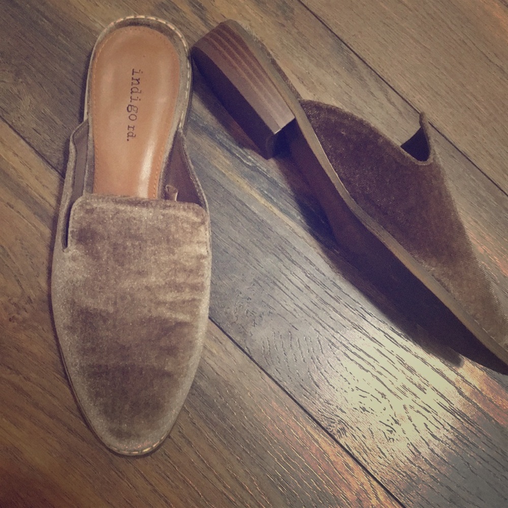 Tan velour slip on shoes